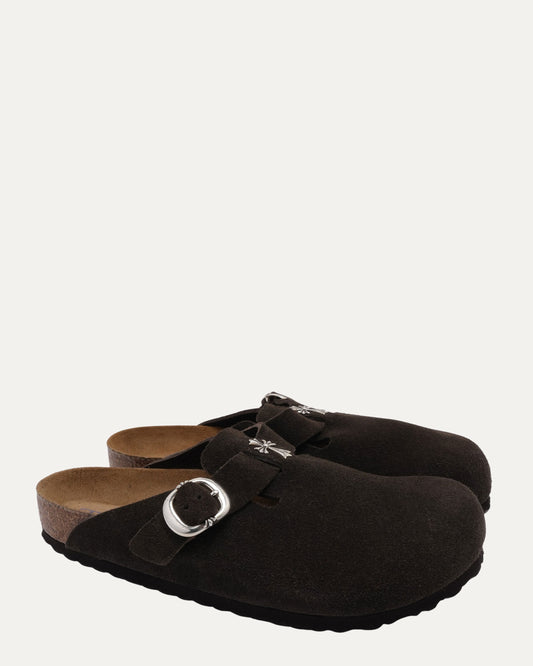 Cross Embellished Birkenstock Boston Suede Mule