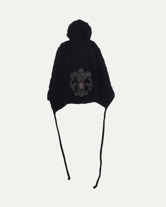 Fleur Patch Silver Embellished Pom Pom Beanie