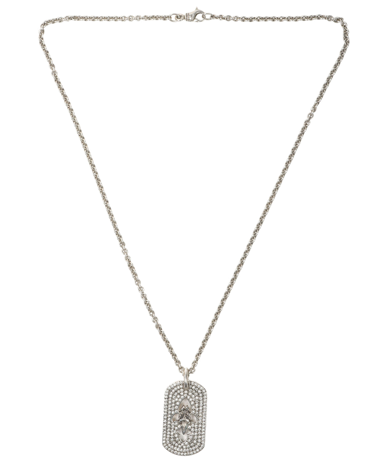 Silver & Diamond Fleur Cross Dog Tag Pendant w/ Chain