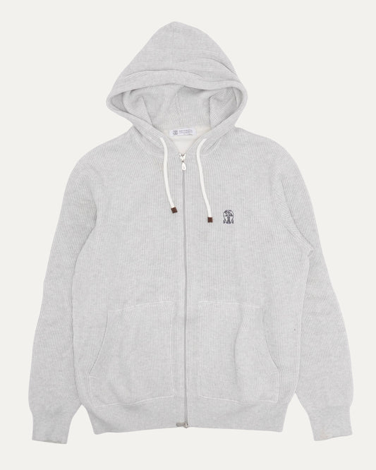 Logo Embroidered Ribbed Cashmere Zip Up Knit Hoodie