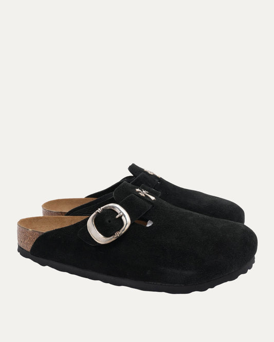 Cross Embellished Birkenstock Boston Suede Mule