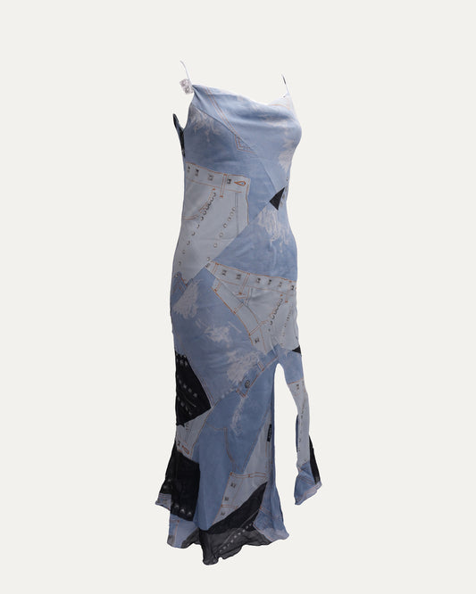 FW 2004 Trompe L'Oeil Denim Print Silk Dress