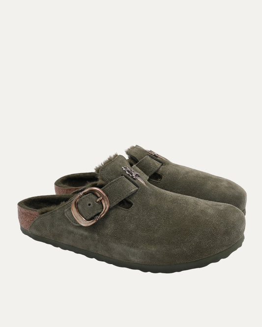 Dagger Embellished Shearling Lined Birkenstock Boston Suede Mule