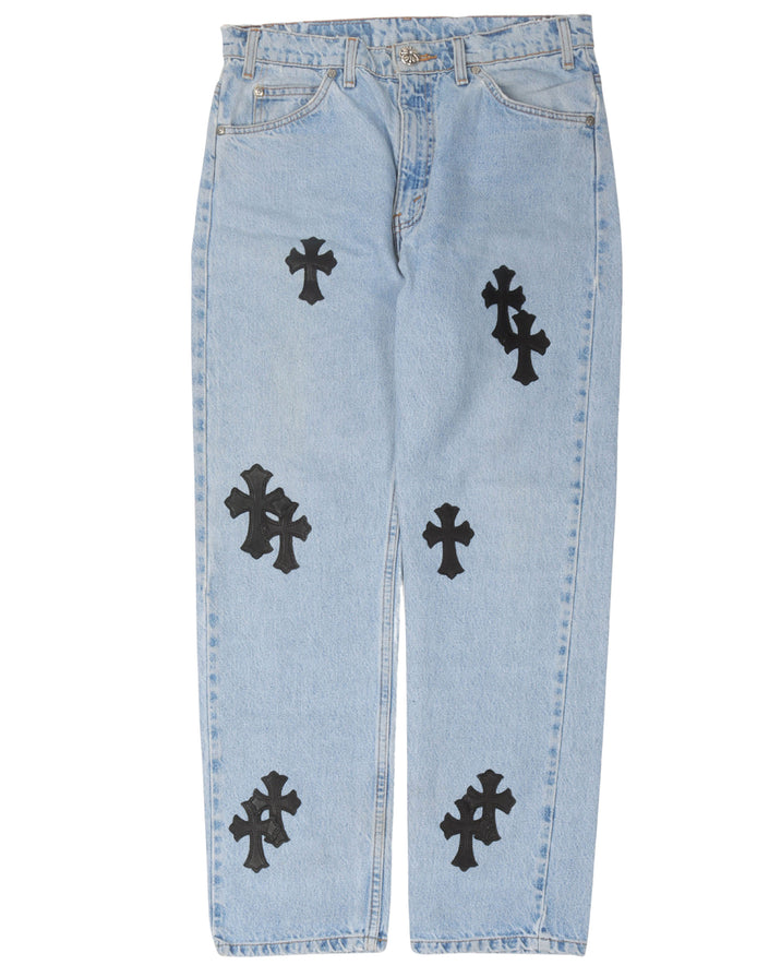 Chrome Hearts Pink & Checkered Cross Patch Fleurknee Jeans