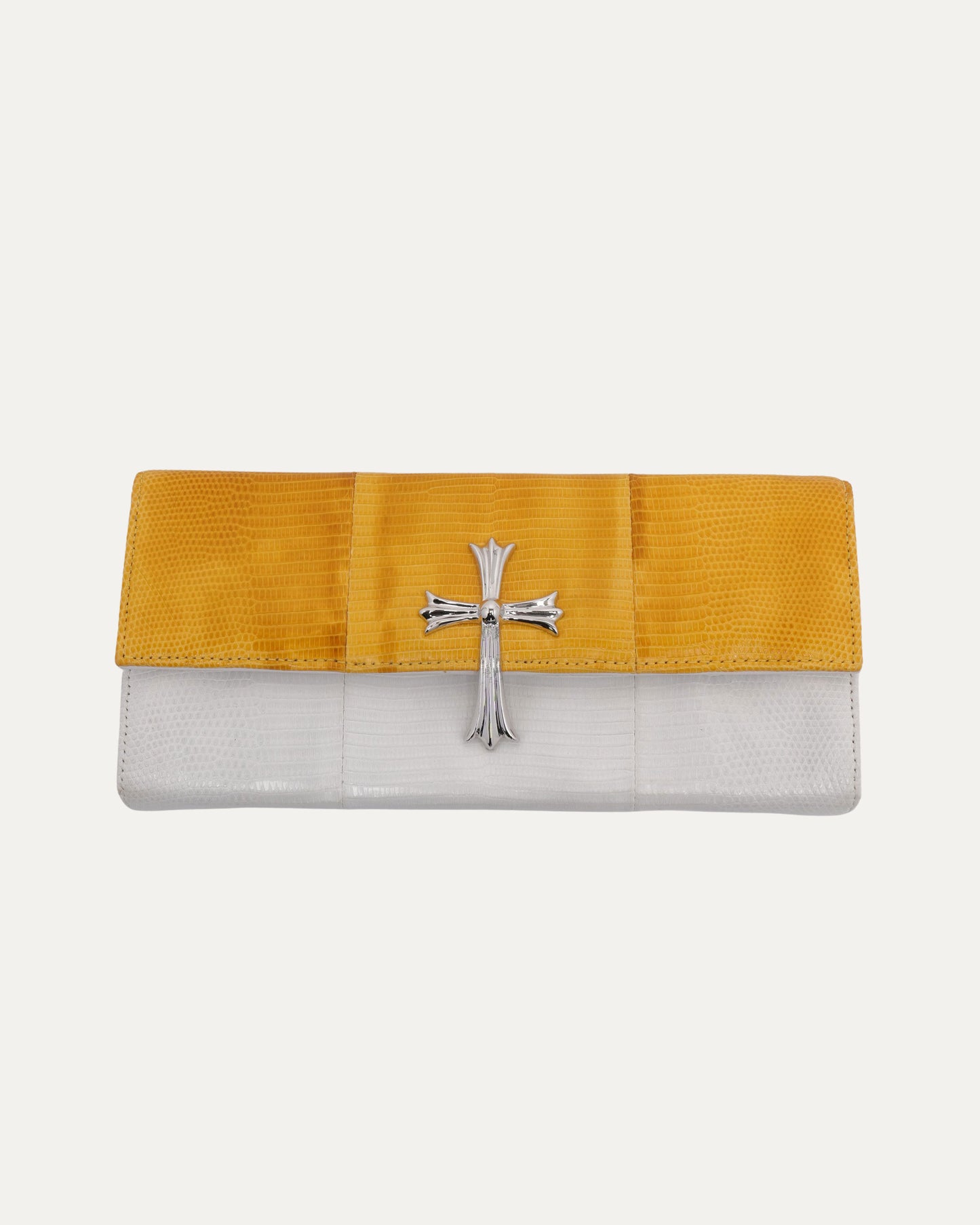 Cross Embellished Lizard Skin Clutch