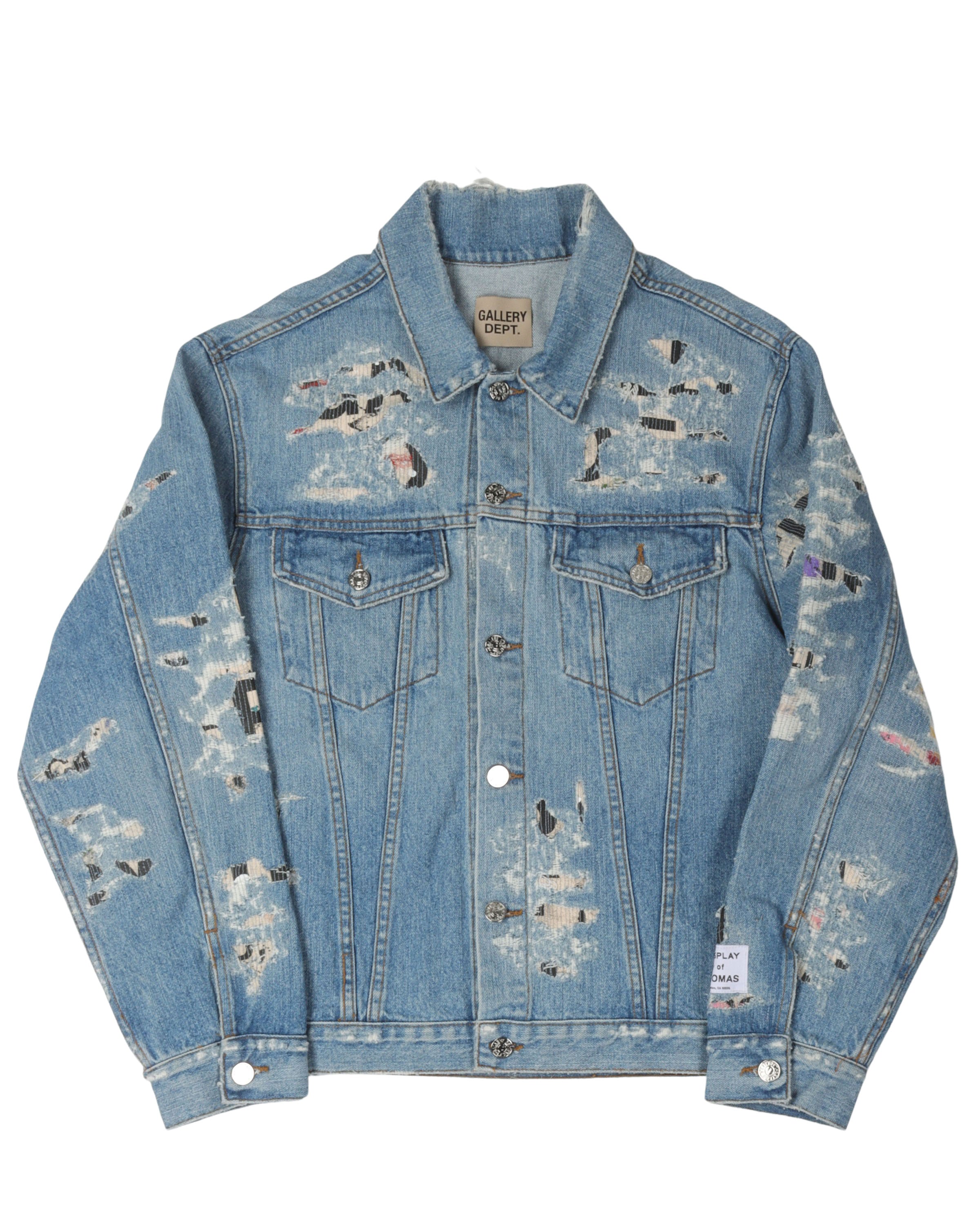 Andy Distressed Layered Printed Denim Trucker Jacket