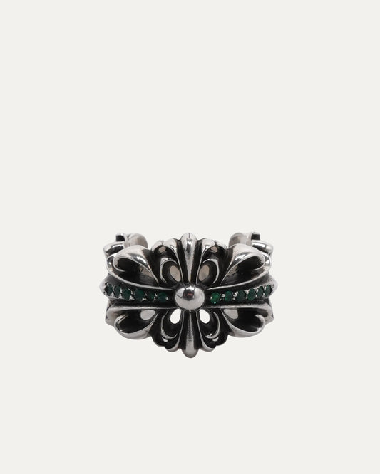 Double Floral Cross Emerald Ring