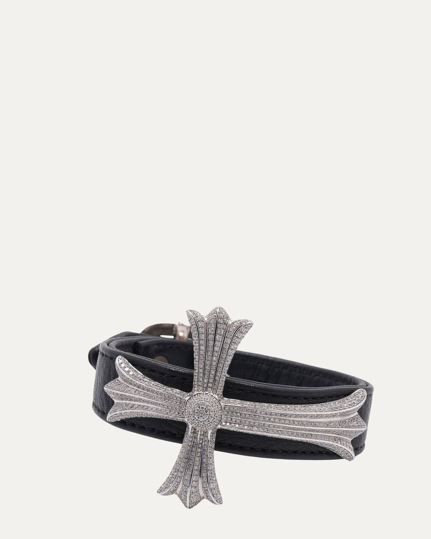 Pave Diamond Silver Cross and Leather Gunslinger Bracelet