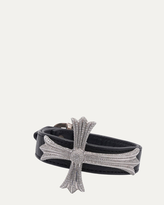 Pave Diamond Silver Cross and Leather Gunslinger Bracelet
