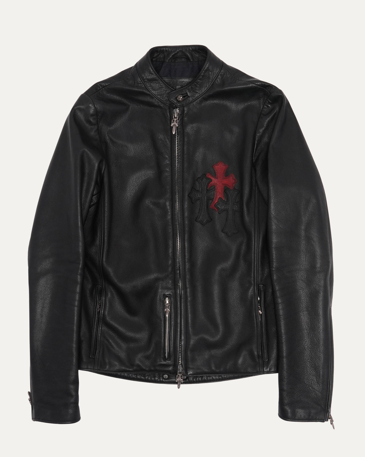 Leather Cross Patch Cafe Racer Jacket