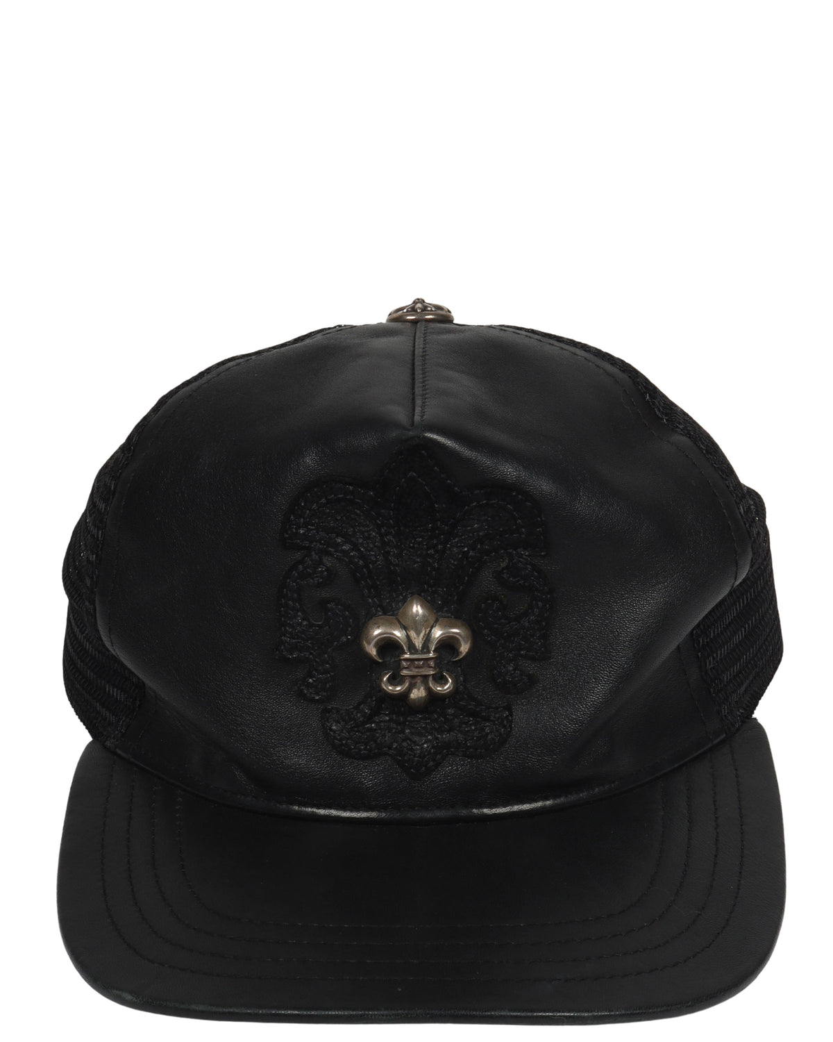 Silver Embellished Fleur Patch Leather Trucker Hat