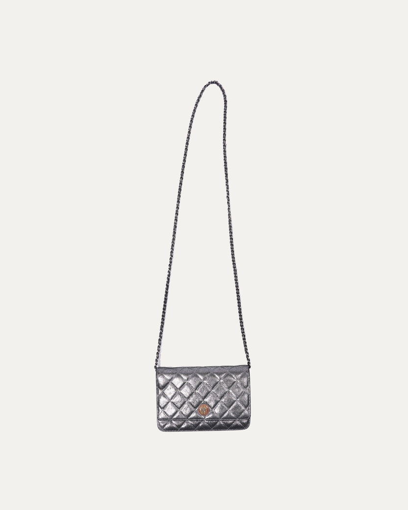 Silver Iridescent Quilted Lambskin Wallet on Chain