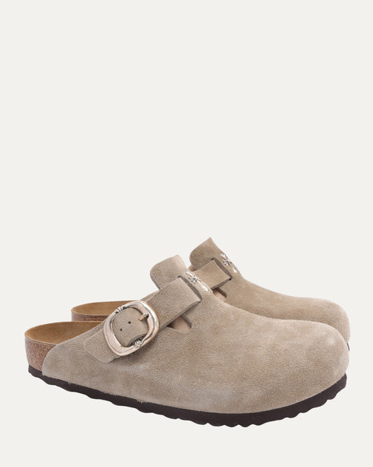 Cross Embellished Birkenstock Boston Suede Mule