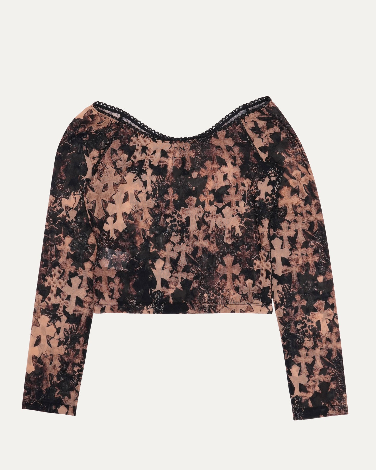 Waterfall Cross Patch Print Mesh Long Sleeve Top