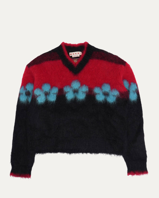Floral Intarsia Knit Mohair Blend V-Neck Sweater