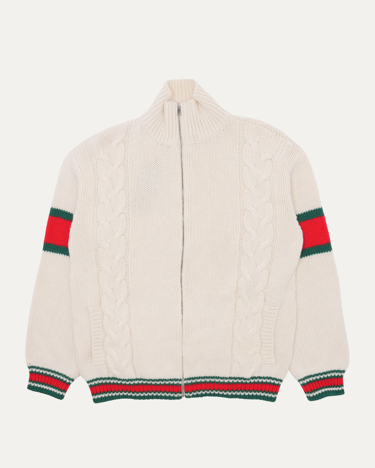 Striped Cable Knit Wool Zip Up Cardigan