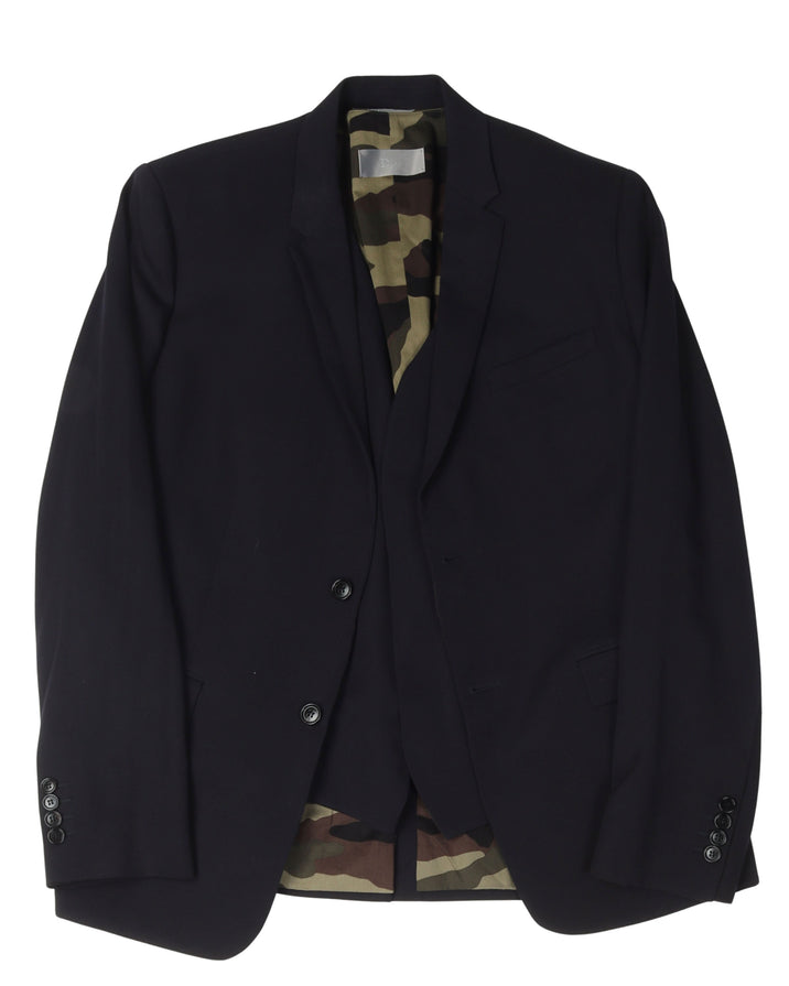 Three-Piece Virgin Wool Camouflage Lined Suit with Multizip Trousers