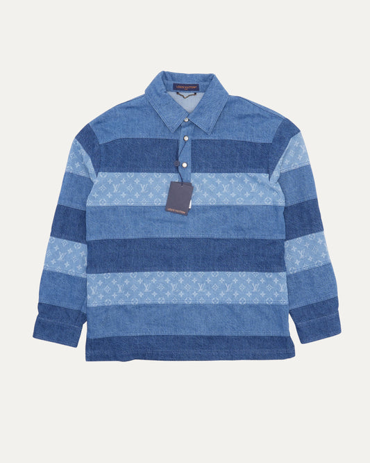 Patchwork Denim Long Sleeve Polo Shirt