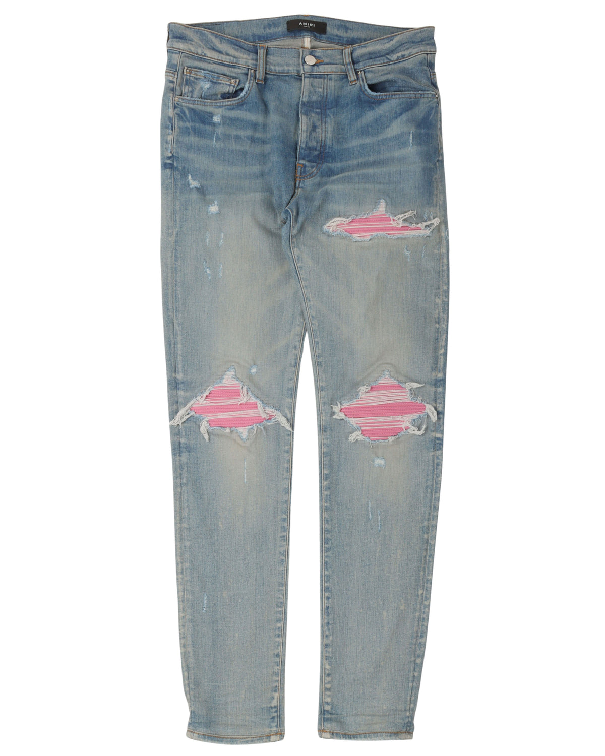 MX1 Distressed Leather-Paneled Knee Rip Jeans
