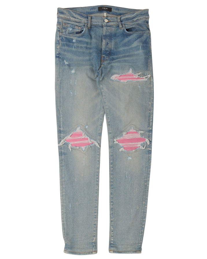 MX1 Distressed Leather-Paneled Knee Rip Jeans
