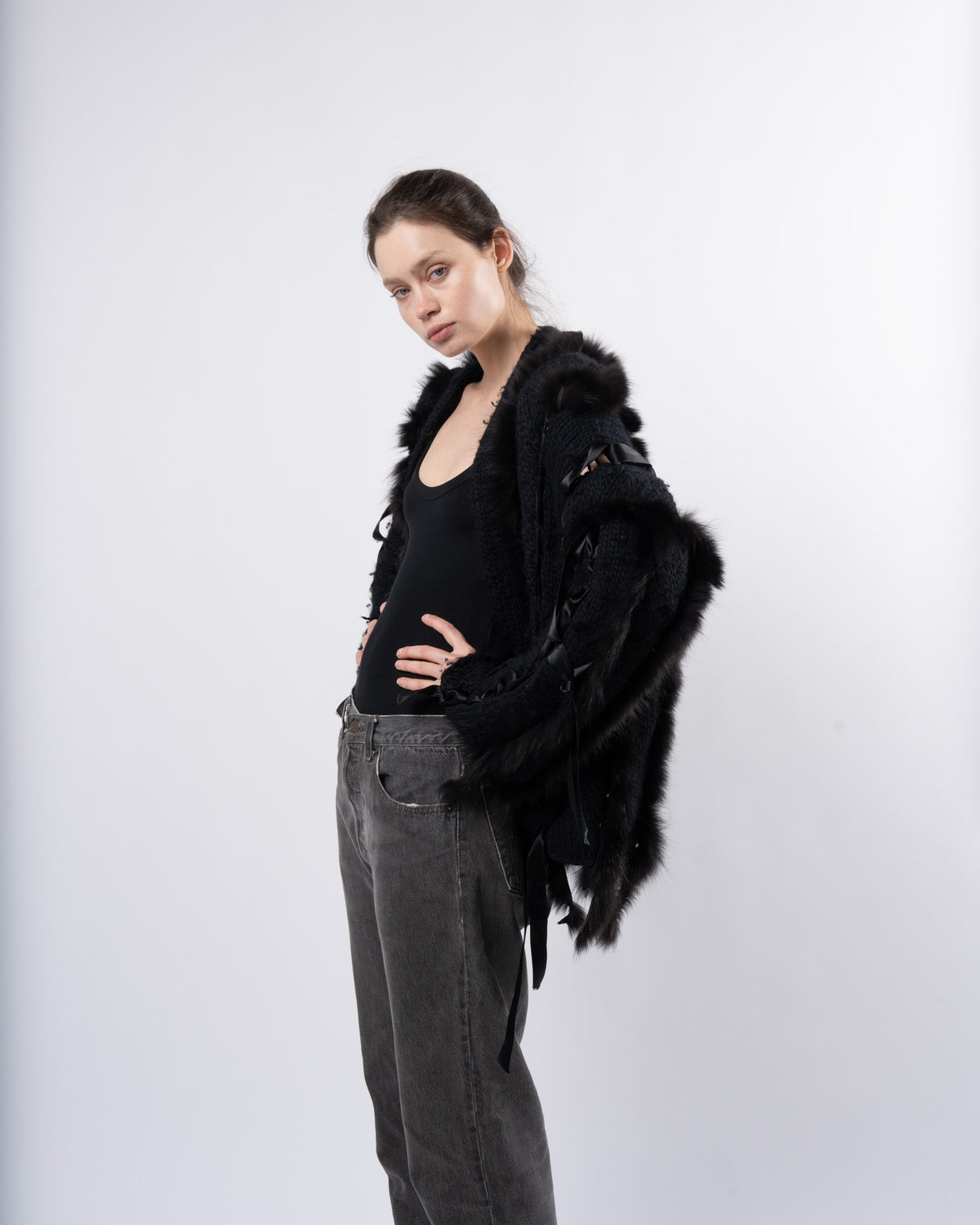 Iconic FW 2002 Fox Fur Black Wool Knit Cardigan