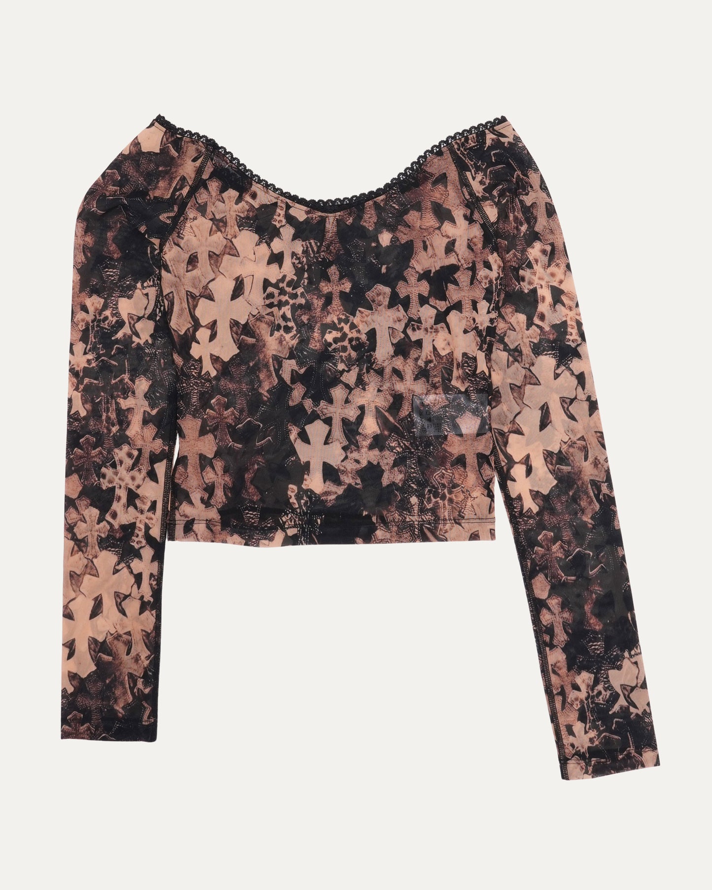 Waterfall Cross Patch Print Mesh Long Sleeve Top