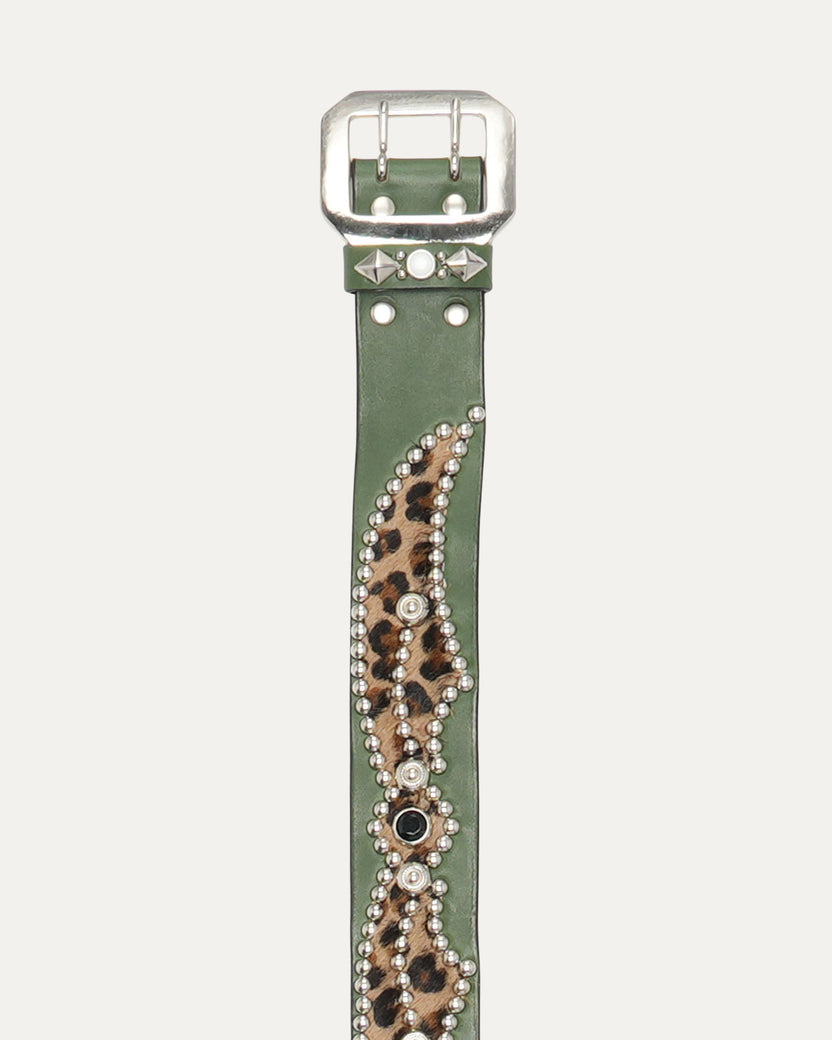 Studded Leather Leopard Hair Inlay Belt