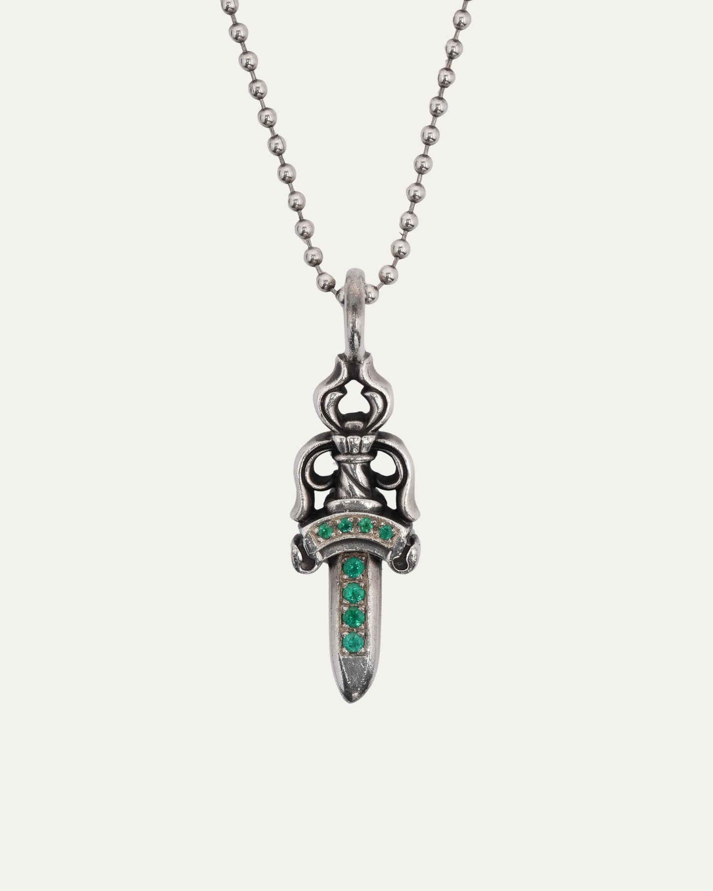 Emerald Dagger Pendant on Ball Chain Necklace