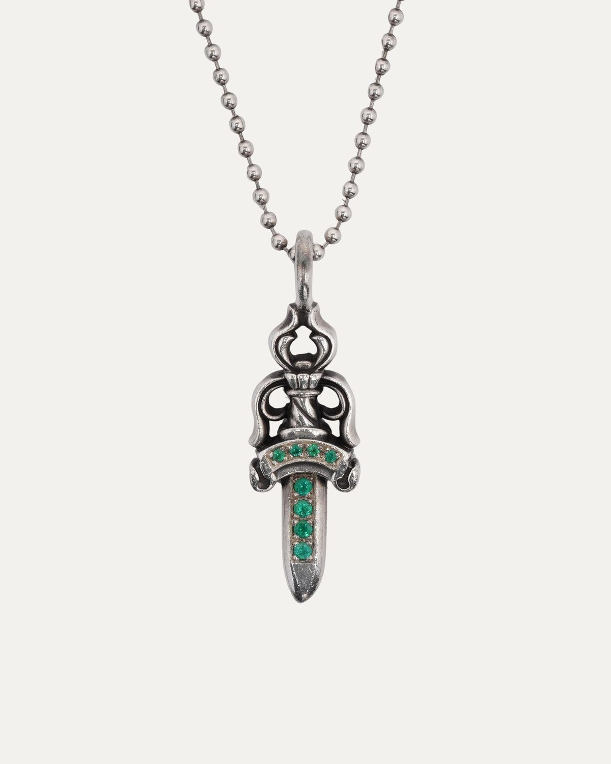 Emerald Dagger Pendant on Ball Chain Necklace