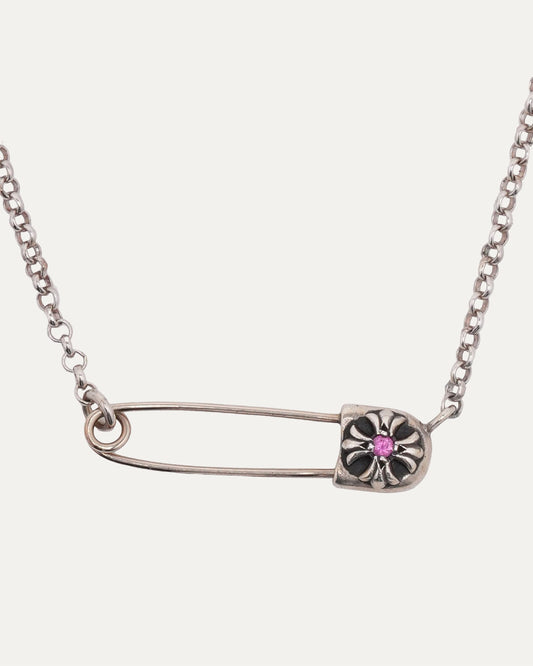 Pink Sapphire Safety Pin Roll Chain Necklace