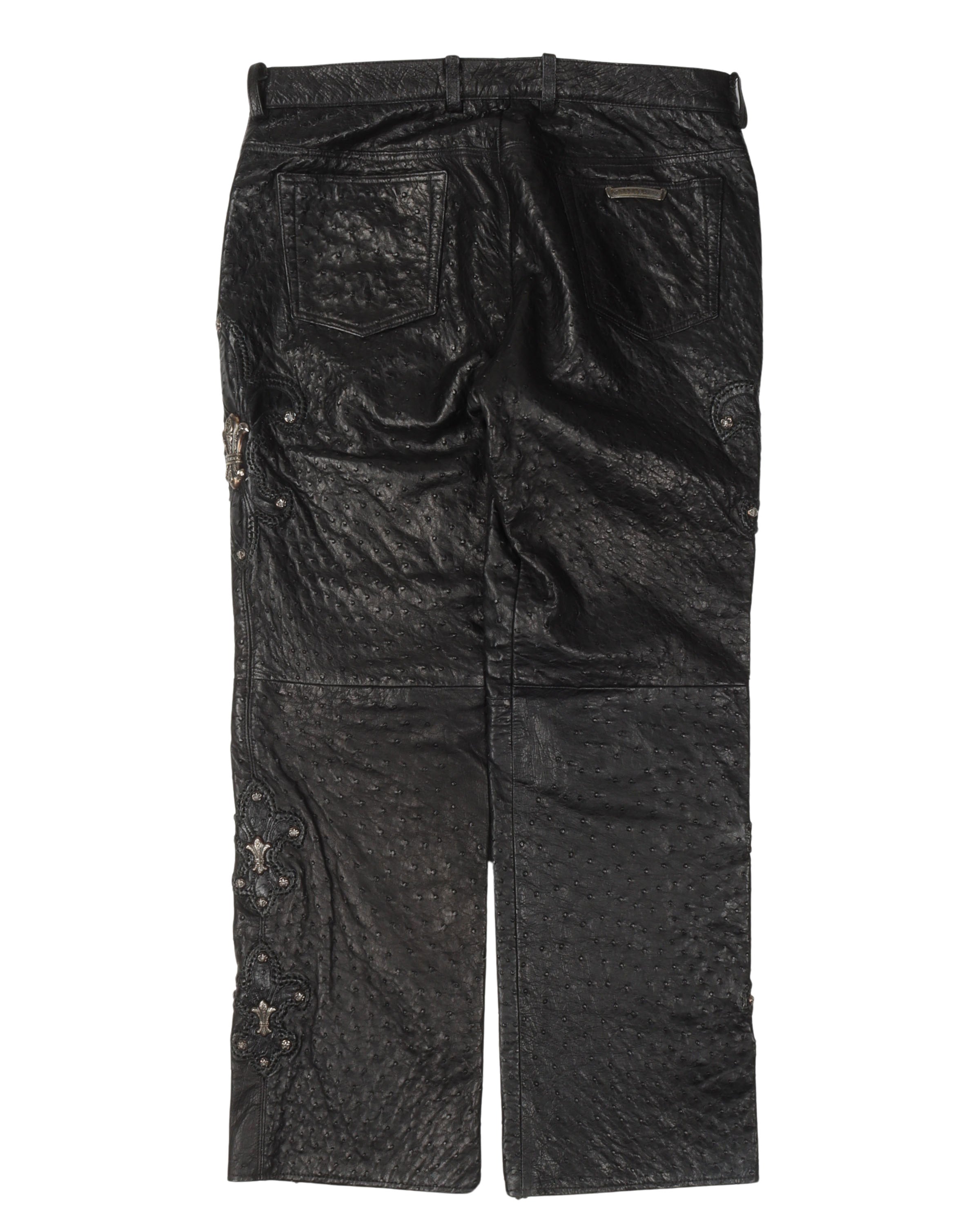 Silver Embellished Ostrich Fleur Knee Leather Jeans