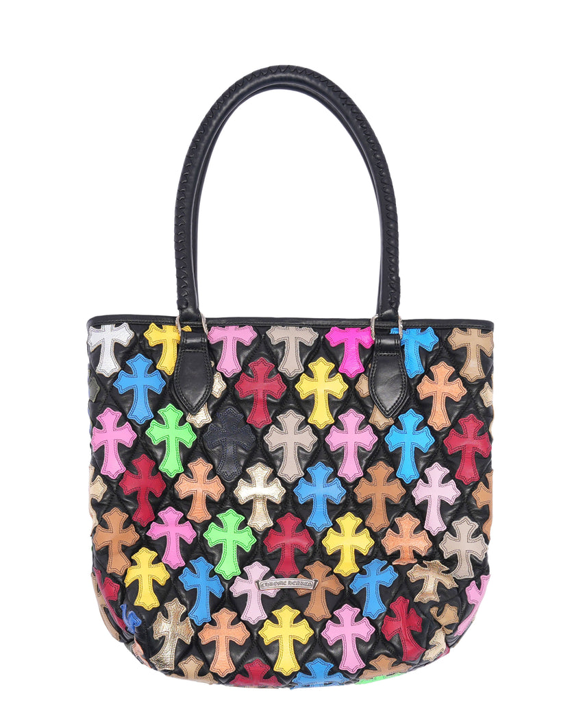 Quilted Leather Multicolor Cross Patch Tote Bag