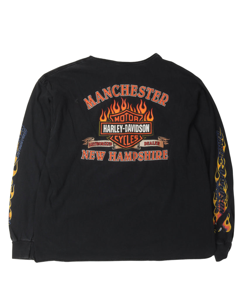 Harley Davidson Flaming Eagle Manchester Long Sleeve Quad Print T-Shirt with Removed Collar