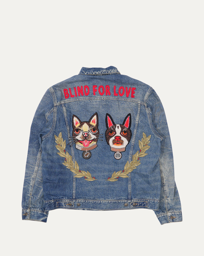 Blind For Love Embroidered Boston Terrier Appliqué Denim Trucker Jacket