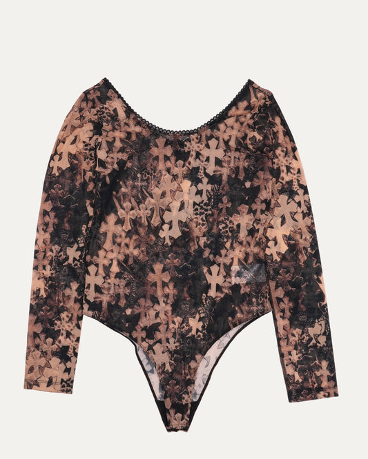 Waterfall Cross Patch Print Mesh Body Suit
