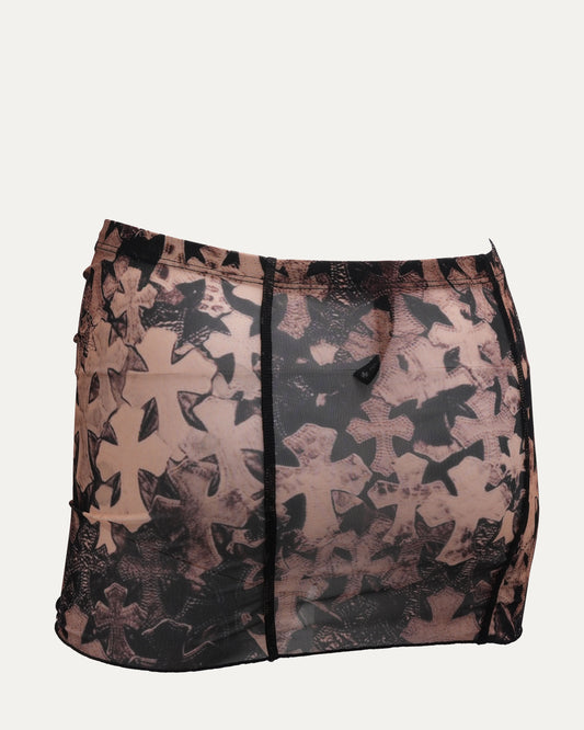 Waterfall Cross Patch Print Mesh Mini Skirt
