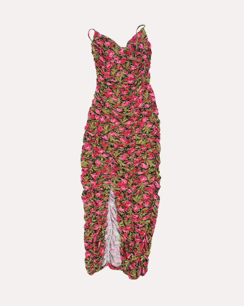 Ruched Floral Appliqué Midi Dress