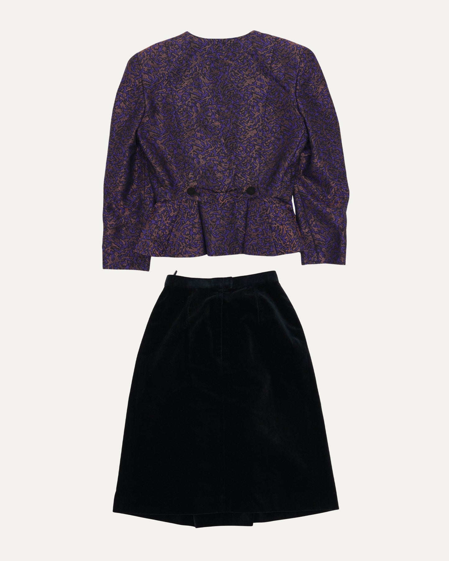 Padded Jacquard Collarless Jacket with Velour Skirt
