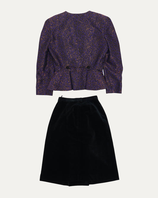 Padded Jacquard Collarless Jacket with Velour Skirt