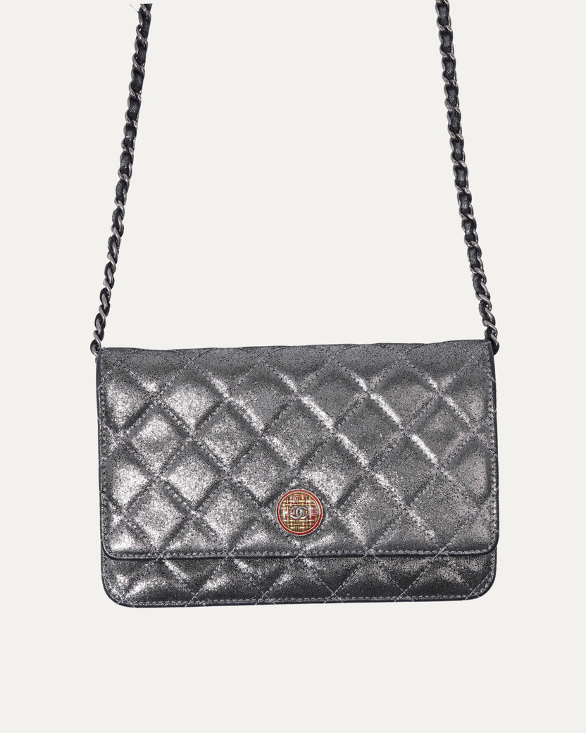 Silver Iridescent Quilted Lambskin Wallet on Chain