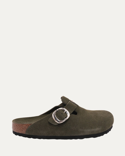 Tonal Footbed Cross Embellished Birkenstock Boston Suede Mule