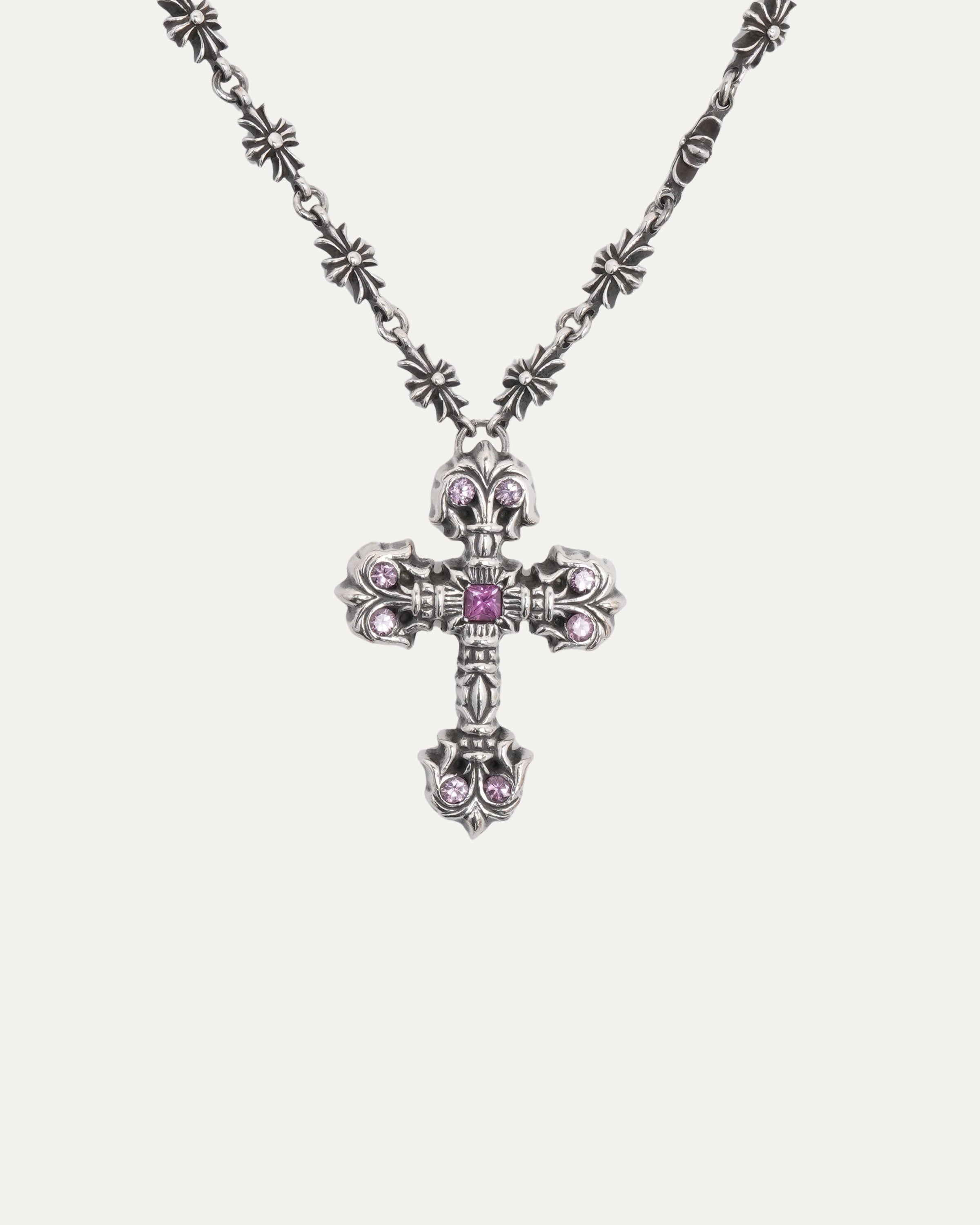 Chrome Hearts Pink Sapphire Filigree Cross on Tiny E Chain