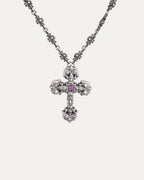 Pink Sapphire Filigree Cross on Tiny E Chain Necklace