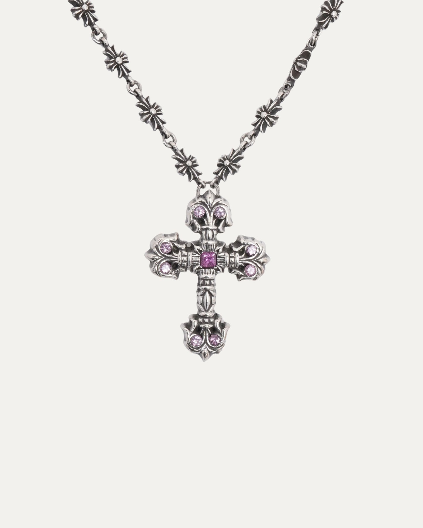 Pink Sapphire Filigree Cross on Tiny E Chain Necklace