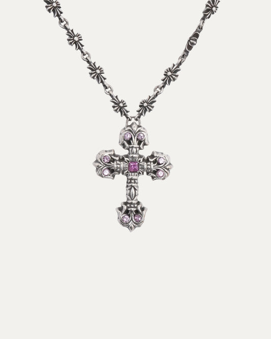 Pink Sapphire Filigree Cross on Tiny E Chain Necklace