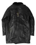 Mink Fur Leather Coat with Silver Fleur Embellishments