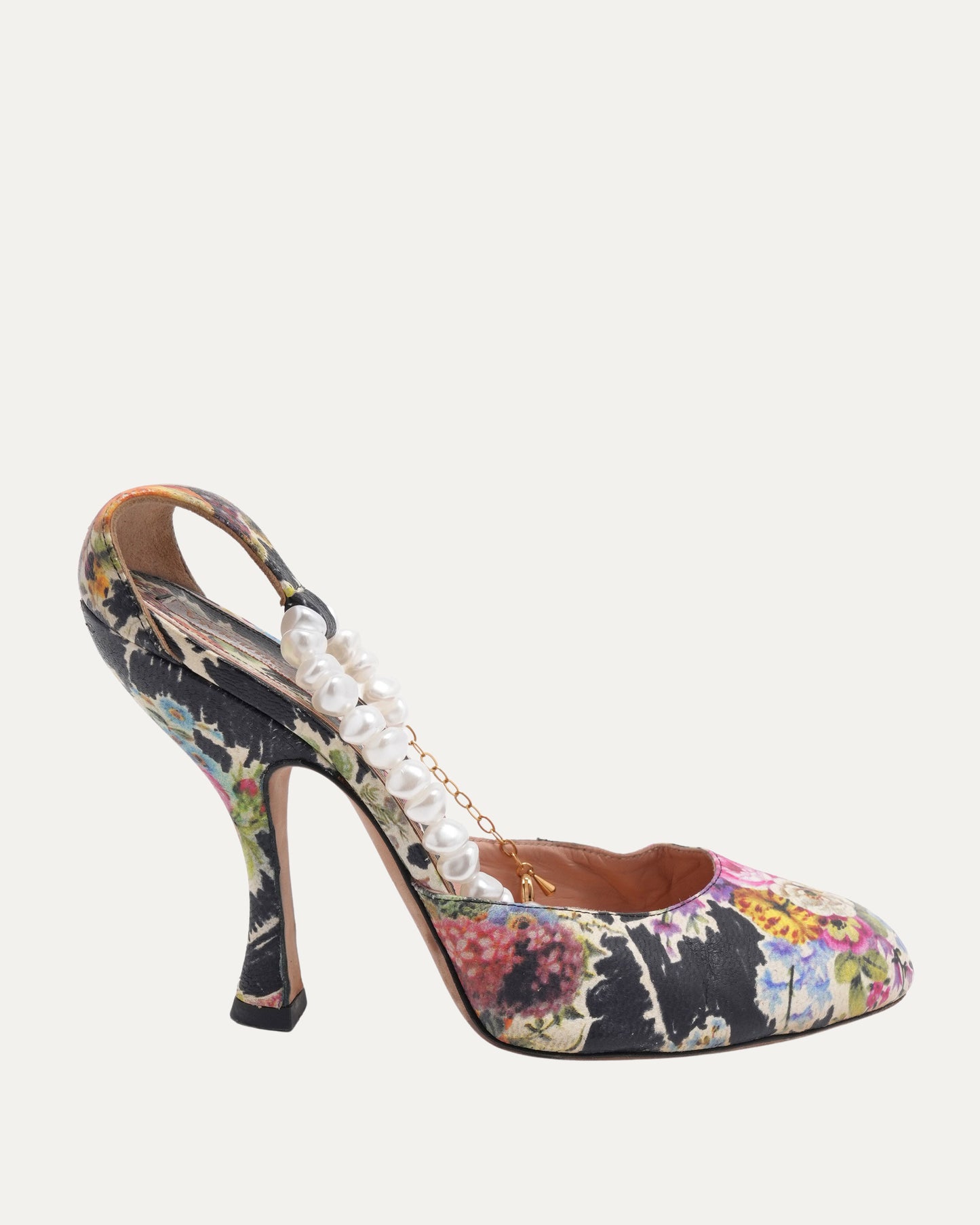 Pearl Embellished Floral Print Heels