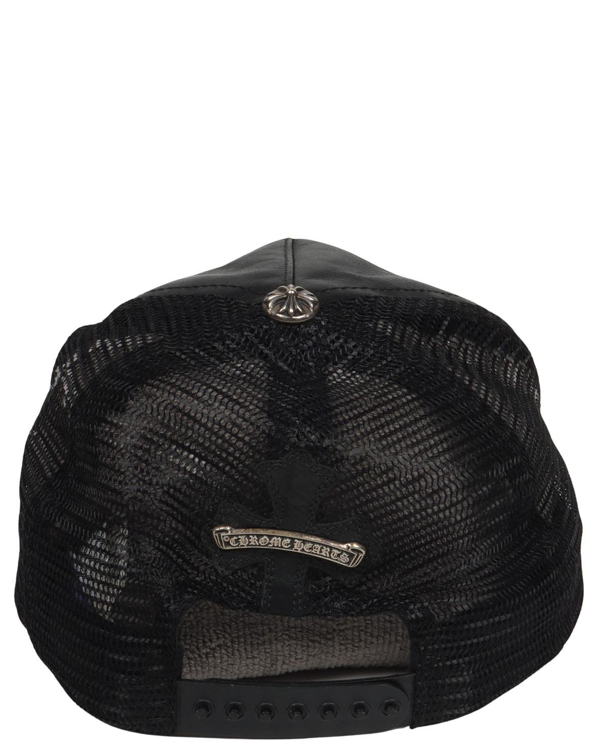 Silver Embellished Fleur Patch Leather Trucker Hat