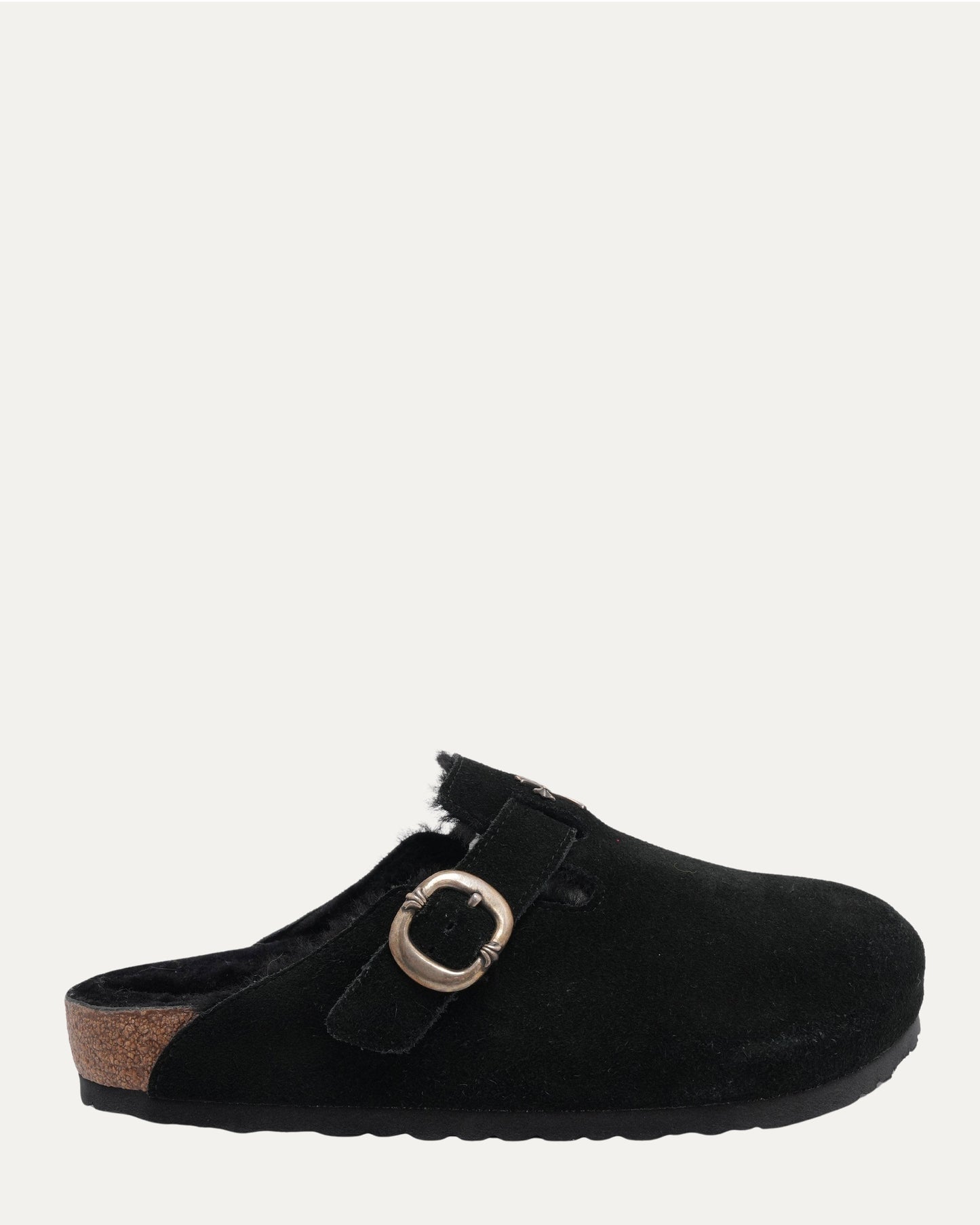 Cross Embellished Birkenstock Boston Shearling Lined Suede Mule