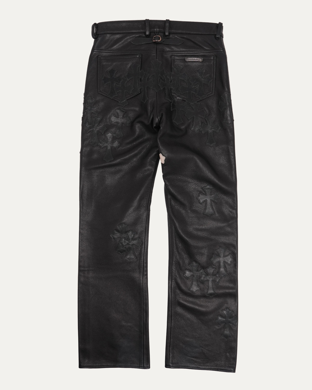 Leather Cross Patch Buckle Back Fleur Knee Flared Pants